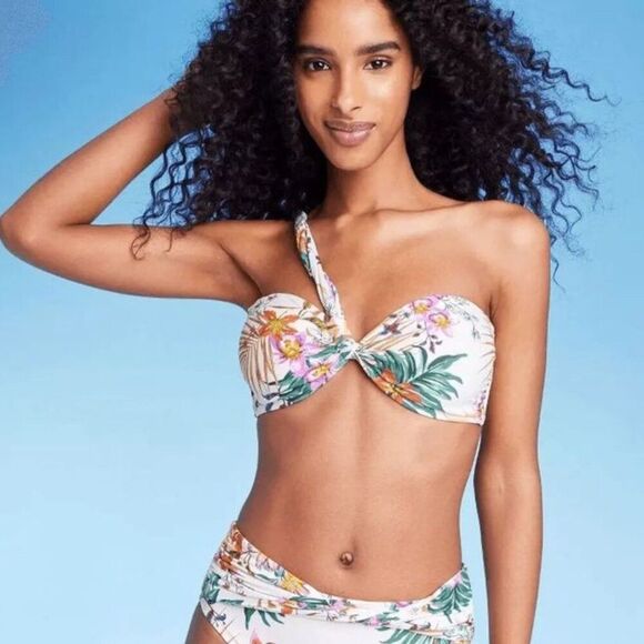 Shade & Shore Floral One Shoulder Bandeau Bikini Top Size Large NEW - Picture 1 of 6